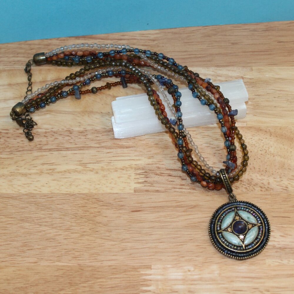 Vintage Avon SP Multistrand Bead Adjustable Necklace Enamel Rhinestone Pendant